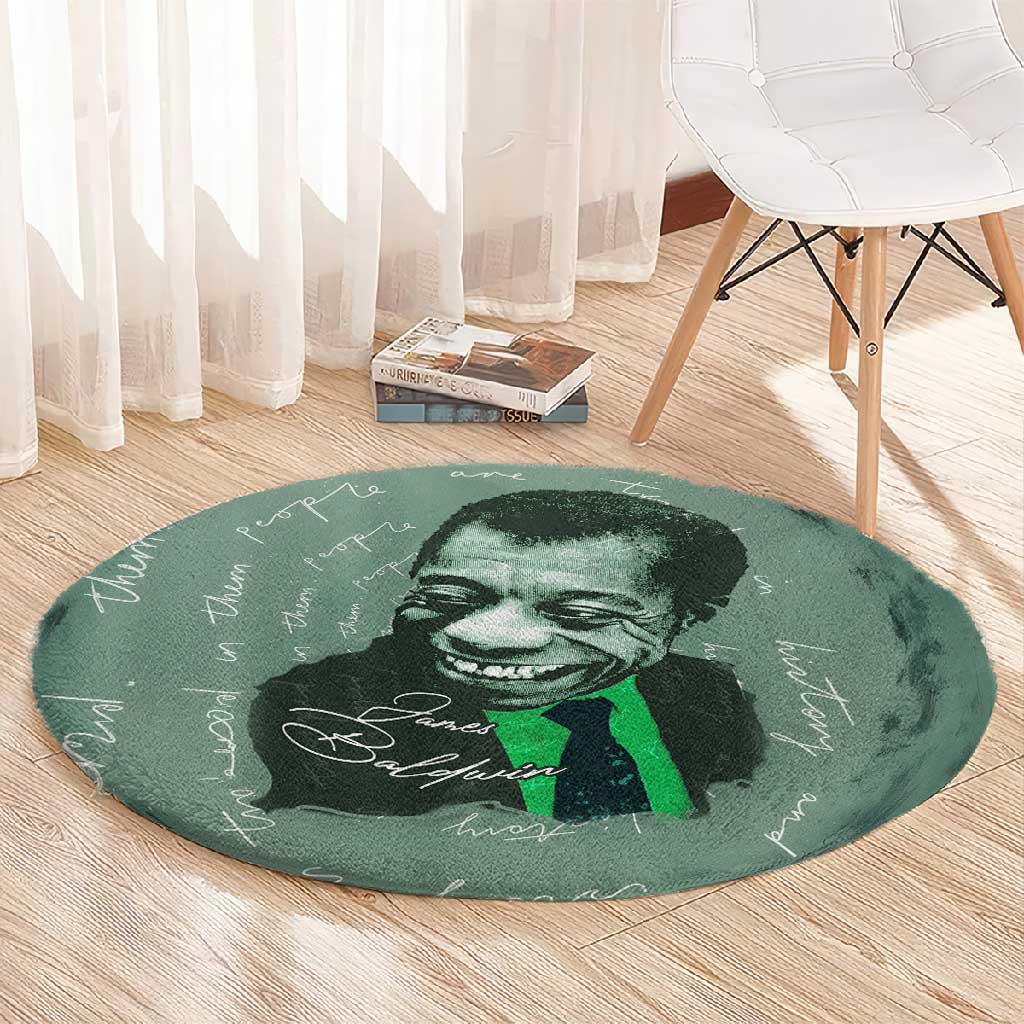James Baldwin Round Carpet Green Handwritten Script Design Smiling Portrait Civil Rights and Literature - Wonder Print Shop