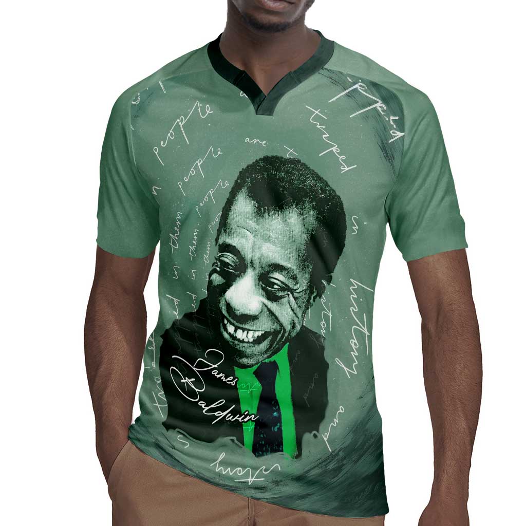 James Baldwin Rugby Jersey Green Handwritten Script Design Smiling Portrait Civil Rights and Literature TS04