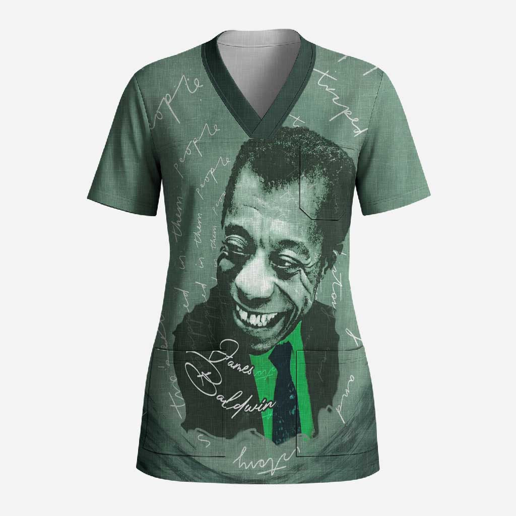 James Baldwin Scrub Top Green Handwritten Script Design Smiling Portrait Civil Rights and Literature - Wonder Print Shop