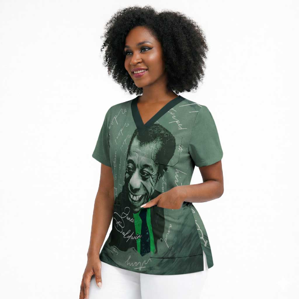 James Baldwin Scrub Top Green Handwritten Script Design Smiling Portrait Civil Rights and Literature - Wonder Print Shop