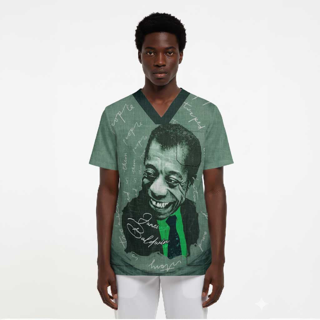 James Baldwin Scrub Top Green Handwritten Script Design Smiling Portrait Civil Rights and Literature - Wonder Print Shop