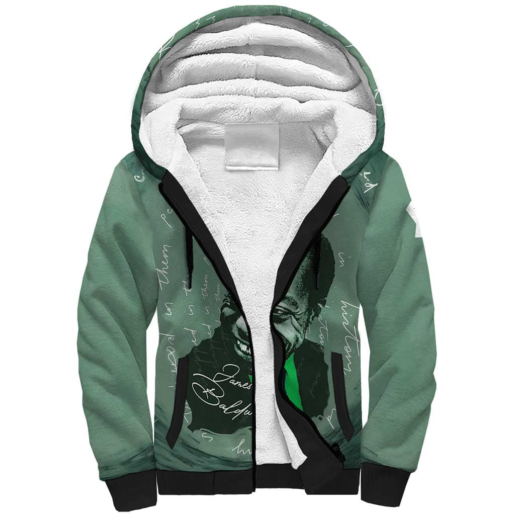 James Baldwin Sherpa Hoodie Green Handwritten Script Design Smiling Portrait Civil Rights and Literature - Wonder Print Shop