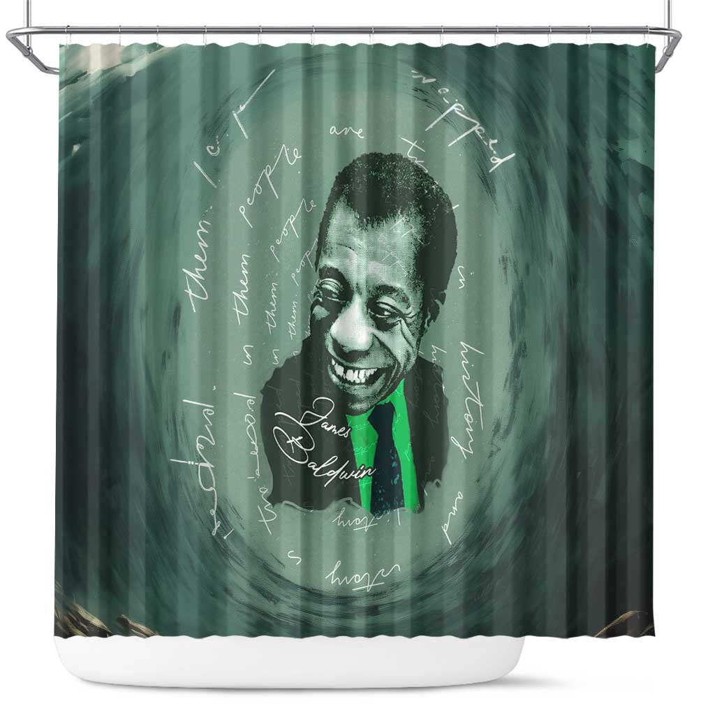 James Baldwin Shower Curtain Green Handwritten Script Design Smiling Portrait Civil Rights and Literature - Wonder Print Shop