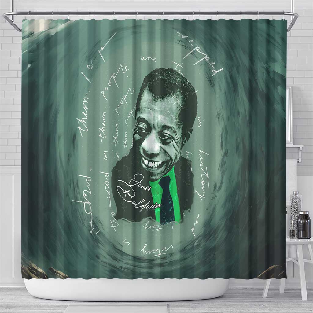 James Baldwin Shower Curtain Green Handwritten Script Design Smiling Portrait Civil Rights and Literature - Wonder Print Shop