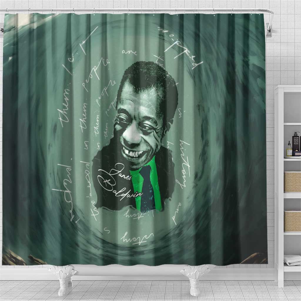 James Baldwin Shower Curtain Green Handwritten Script Design Smiling Portrait Civil Rights and Literature - Wonder Print Shop