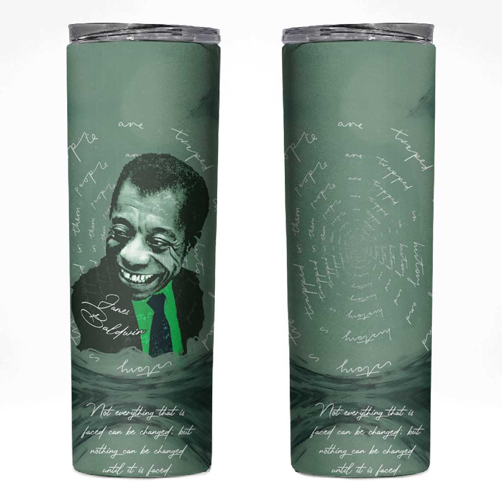 James Baldwin Skinny Tumbler Green Handwritten Script Design Smiling Portrait Civil Rights and Literature - Wonder Print Shop