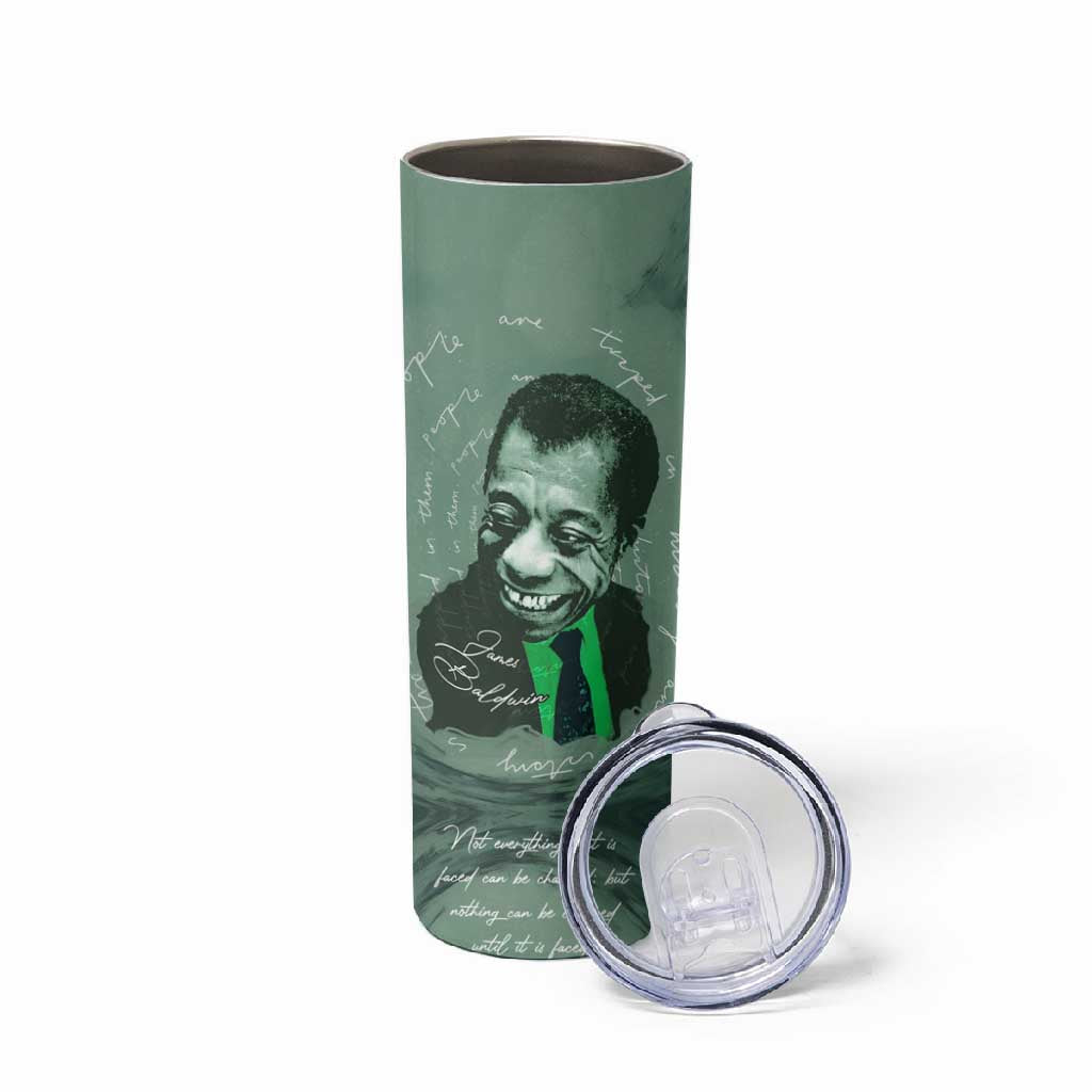 James Baldwin Skinny Tumbler Green Handwritten Script Design Smiling Portrait Civil Rights and Literature - Wonder Print Shop