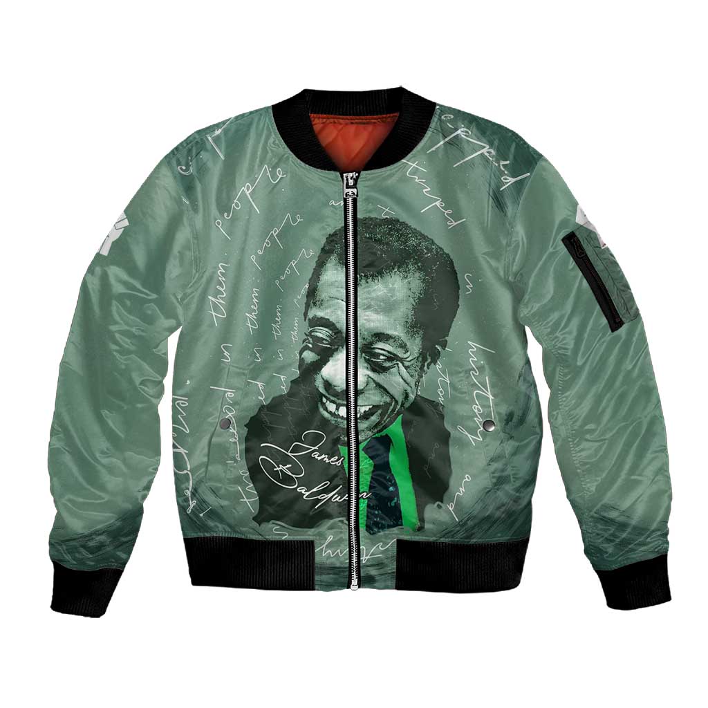 James Baldwin Sleeve Zip Bomber Jacket Green Handwritten Script Design Smiling Portrait Civil Rights and Literature - Wonder Print Shop