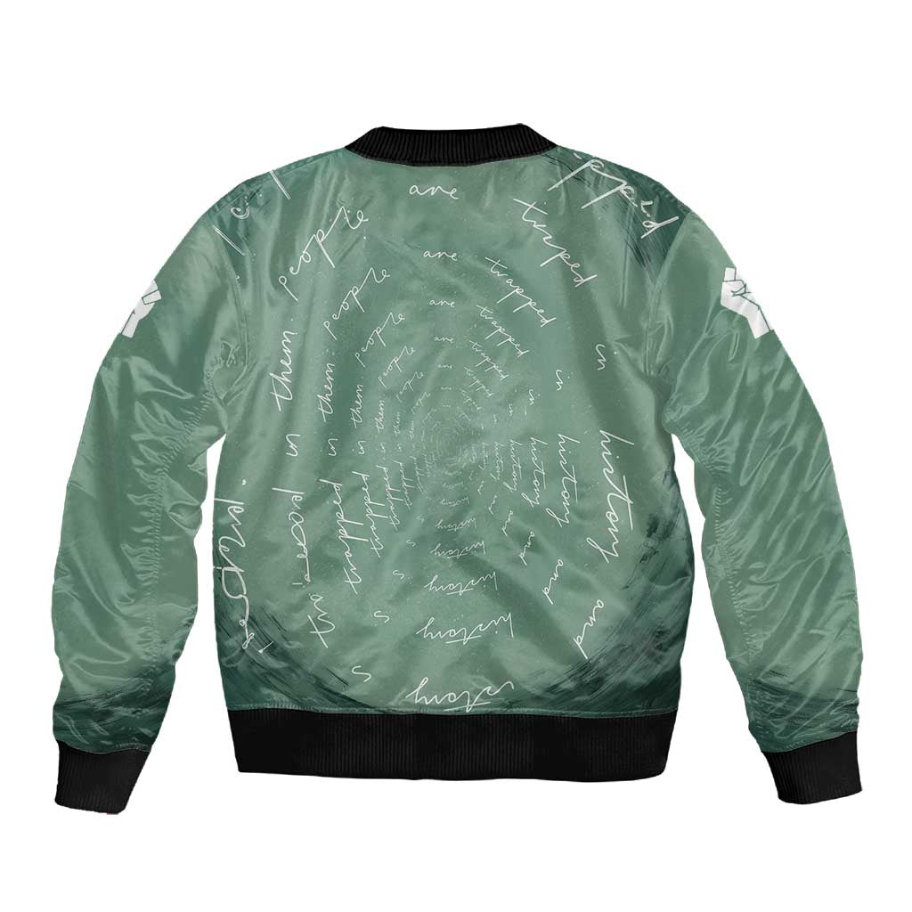 James Baldwin Sleeve Zip Bomber Jacket Green Handwritten Script Design Smiling Portrait Civil Rights and Literature - Wonder Print Shop
