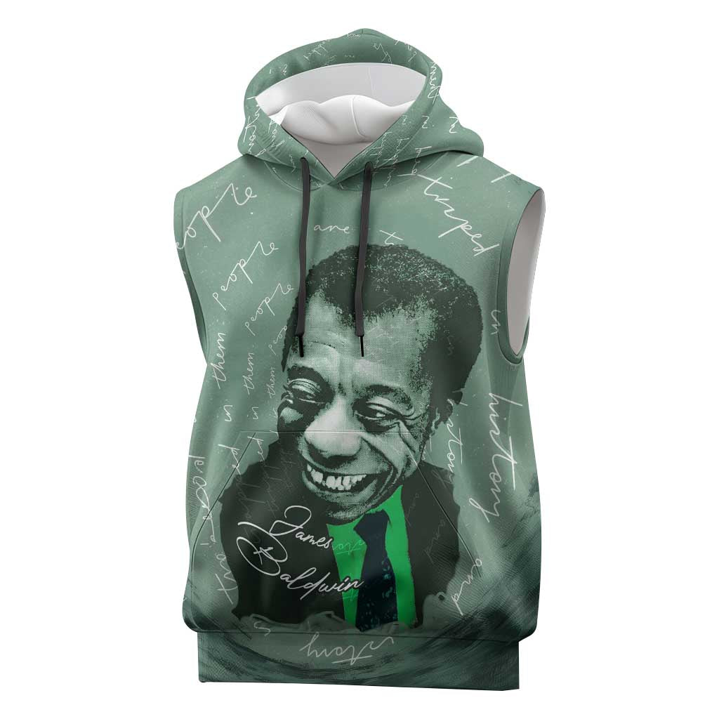 James Baldwin Sleeveless Hoodie Green Handwritten Script Design Smiling Portrait Civil Rights and Literature - Wonder Print Shop