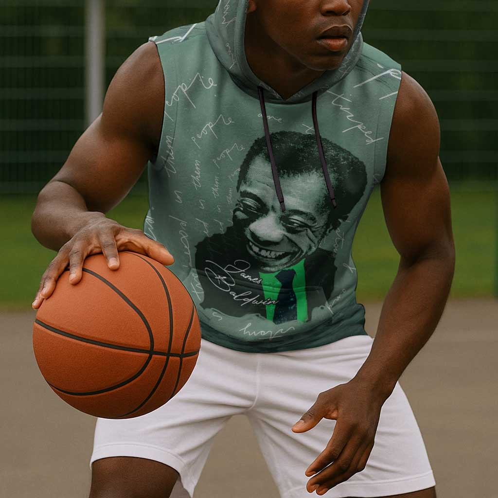 James Baldwin Sleeveless Hoodie Green Handwritten Script Design Smiling Portrait Civil Rights and Literature - Wonder Print Shop
