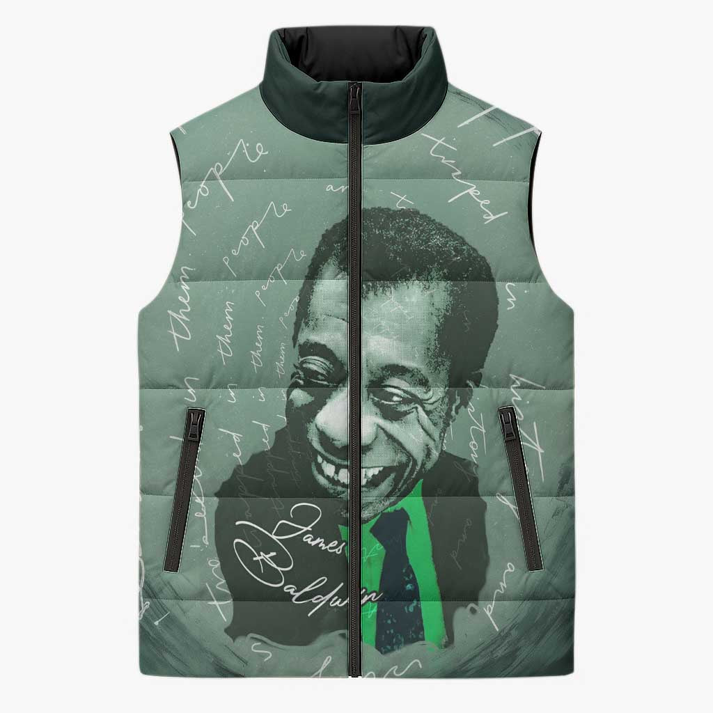 James Baldwin Sleeveless Puffer Jacket Green Handwritten Script Design Smiling Portrait Civil Rights and Literature - Wonder Print Shop
