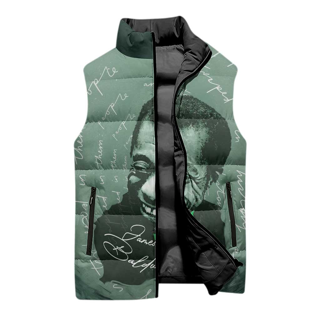 James Baldwin Sleeveless Puffer Jacket Green Handwritten Script Design Smiling Portrait Civil Rights and Literature - Wonder Print Shop