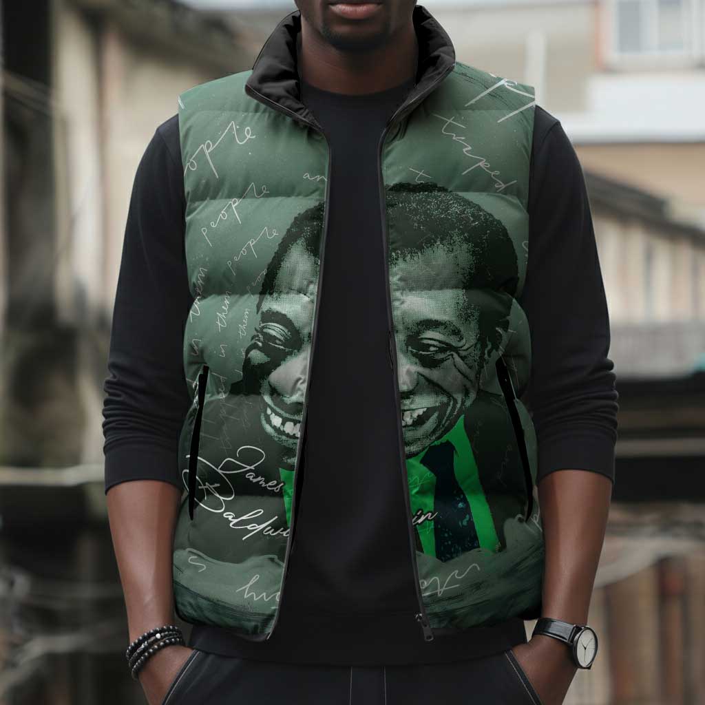 James Baldwin Sleeveless Puffer Jacket Green Handwritten Script Design Smiling Portrait Civil Rights and Literature - Wonder Print Shop