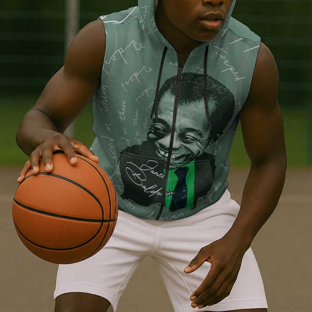 James Baldwin Sleeveless Zip Hoodie Green Handwritten Script Design Smiling Portrait Civil Rights and Literature - Wonder Print Shop