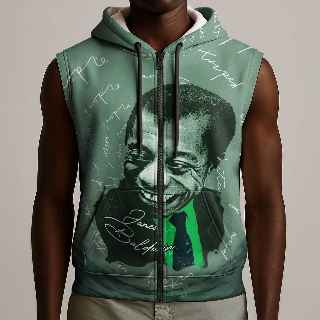 James Baldwin Sleeveless Zip Hoodie Green Handwritten Script Design Smiling Portrait Civil Rights and Literature - Wonder Print Shop