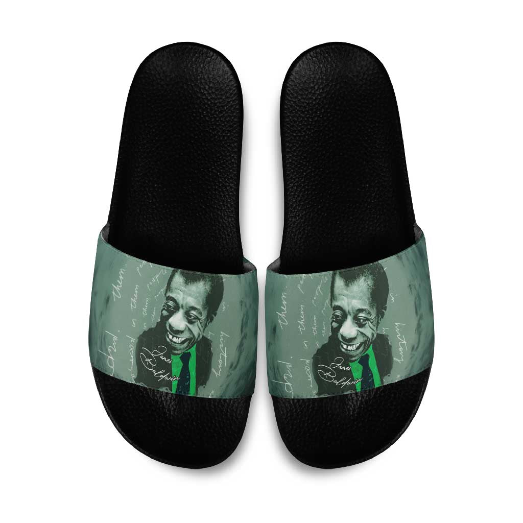 James Baldwin Slide Sandals Green Handwritten Script Design Smiling Portrait Civil Rights and Literature - Wonder Print Shop
