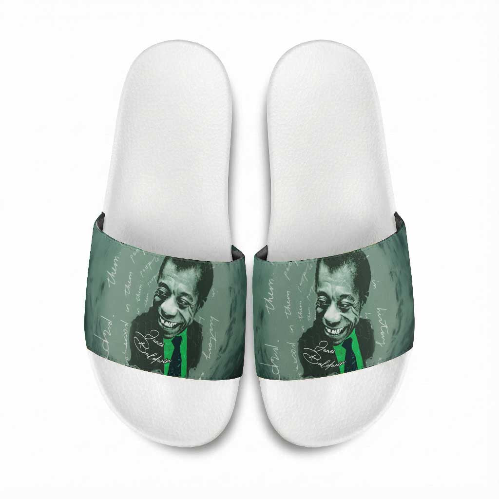 James Baldwin Slide Sandals Green Handwritten Script Design Smiling Portrait Civil Rights and Literature - Wonder Print Shop