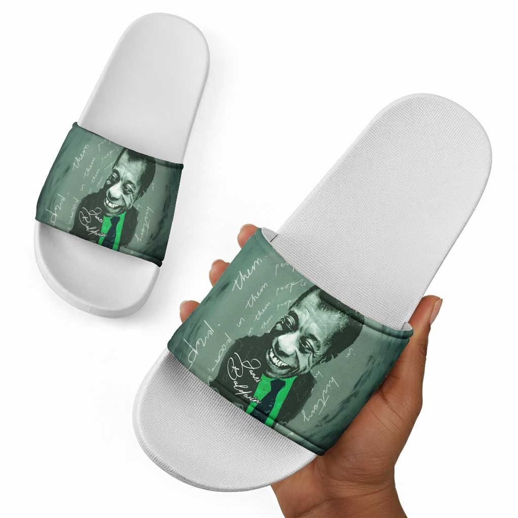 James Baldwin Slide Sandals Green Handwritten Script Design Smiling Portrait Civil Rights and Literature - Wonder Print Shop