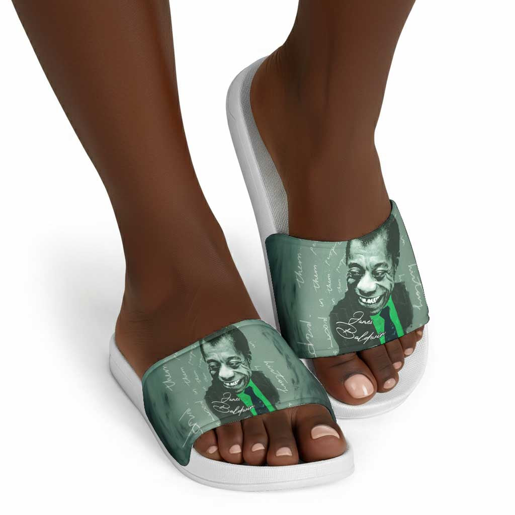 James Baldwin Slide Sandals Green Handwritten Script Design Smiling Portrait Civil Rights and Literature - Wonder Print Shop