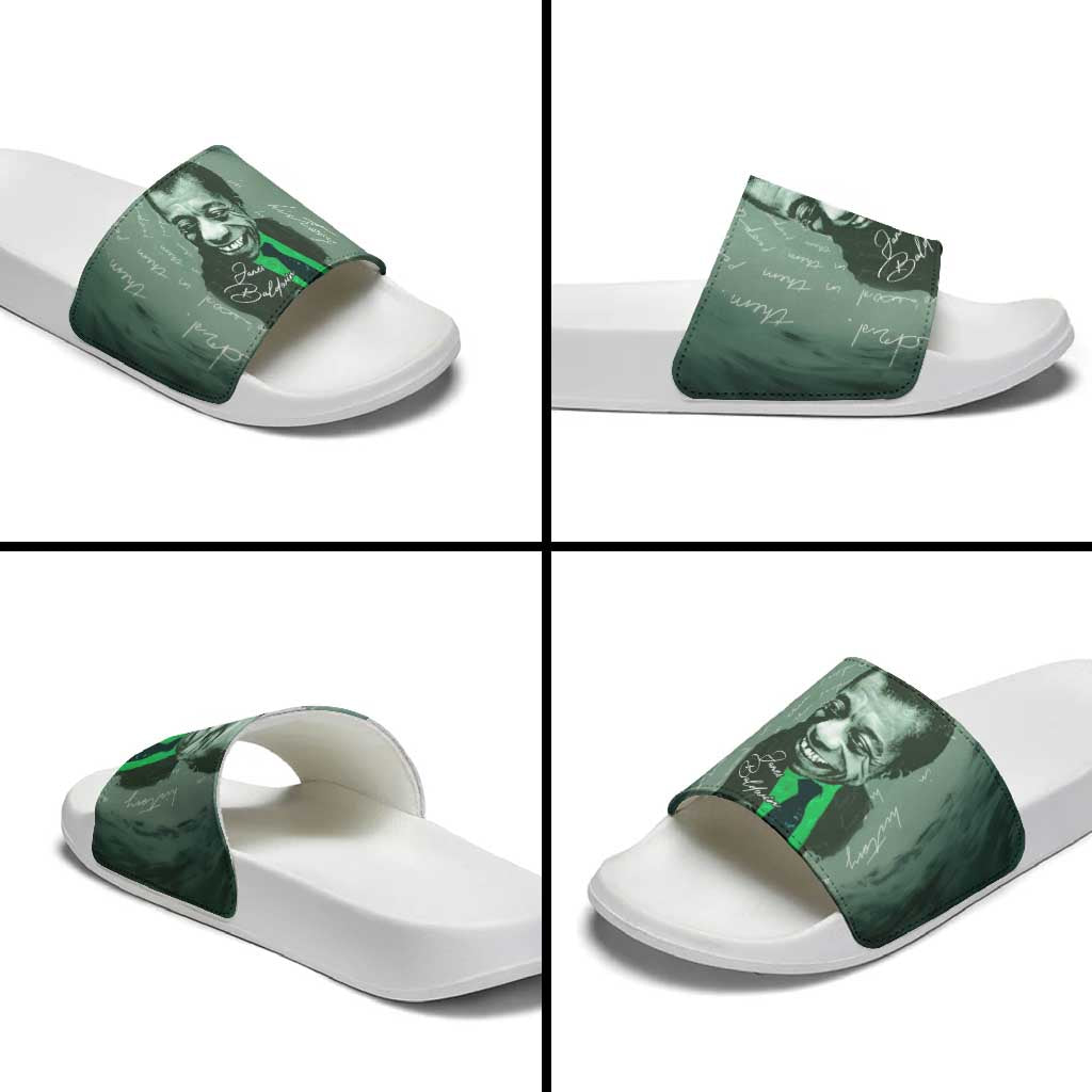 James Baldwin Slide Sandals Green Handwritten Script Design Smiling Portrait Civil Rights and Literature - Wonder Print Shop