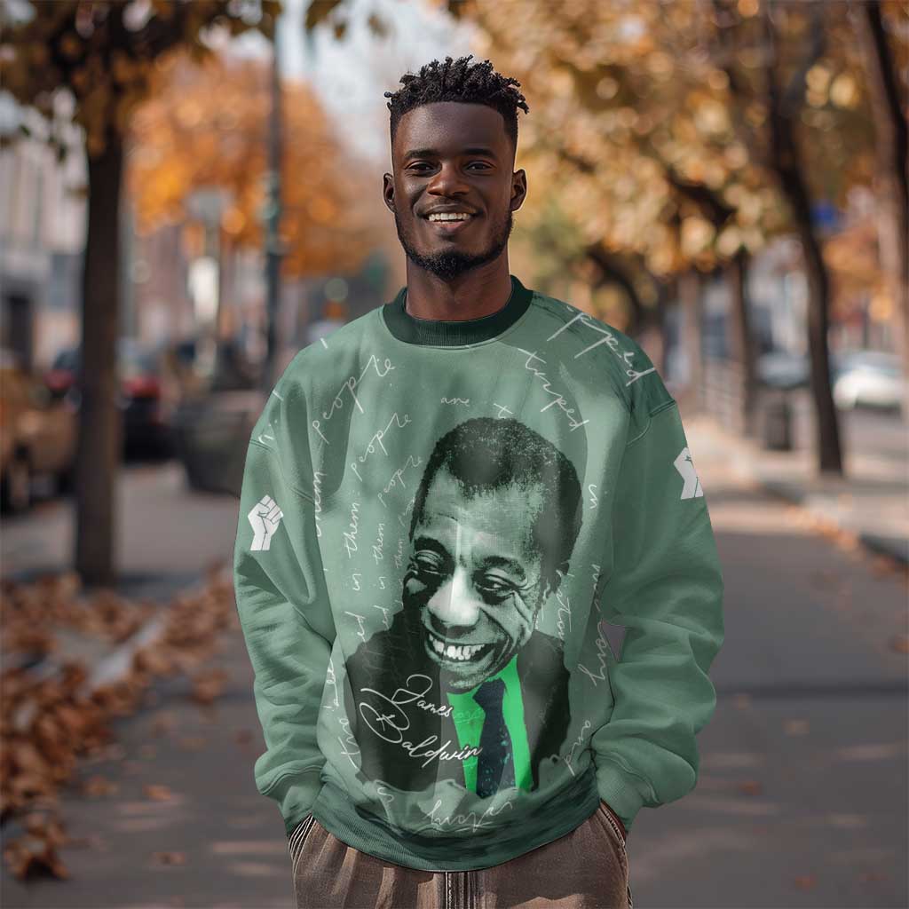 James Baldwin Sweatshirt Green Handwritten Script Design Smiling Portrait Civil Rights and Literature - Wonder Print Shop