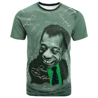 James Baldwin T shirt Green Handwritten Script Design Smiling Portrait Civil Rights and Literature TS04