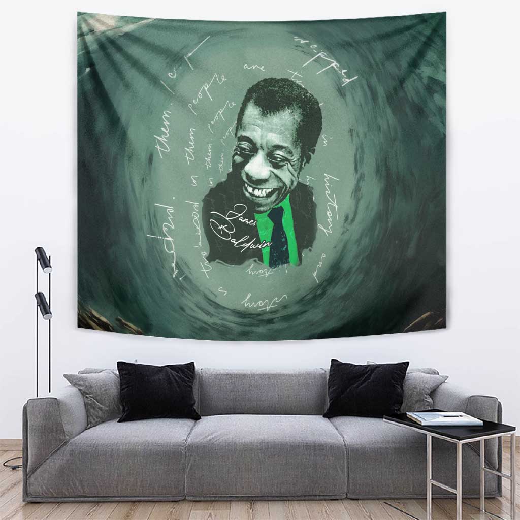 James Baldwin Tapestry Green Handwritten Script Design Smiling Portrait Civil Rights and Literature - Wonder Print Shop