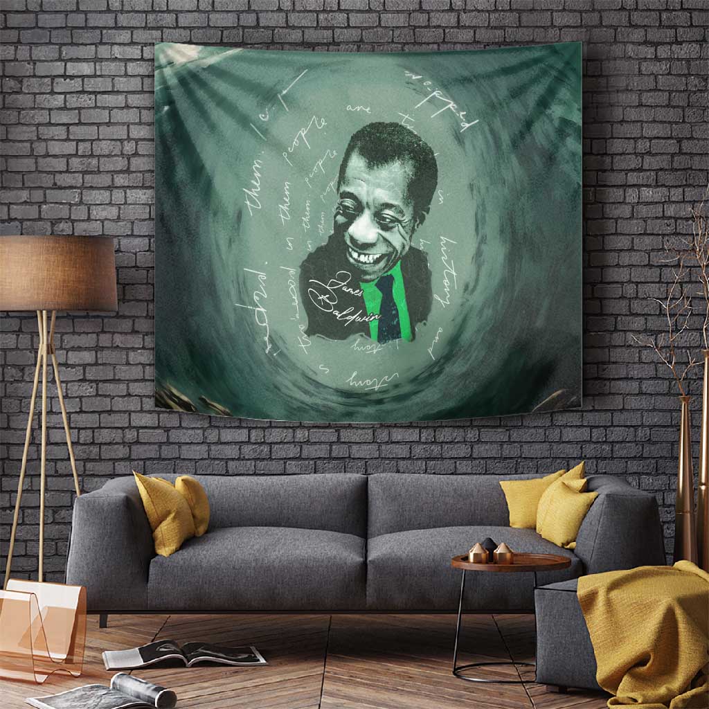 James Baldwin Tapestry Green Handwritten Script Design Smiling Portrait Civil Rights and Literature - Wonder Print Shop