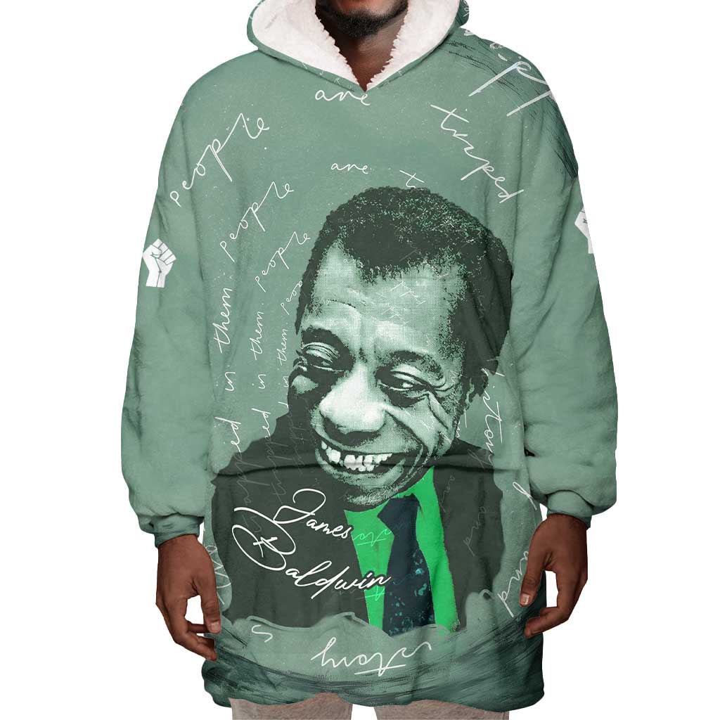 James Baldwin Wearable Blanket Hoodie Green Handwritten Script Design Smiling Portrait Civil Rights and Literature - Wonder Print Shop