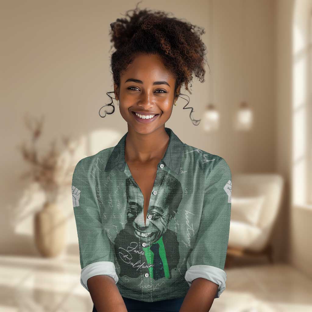 James Baldwin Women Casual Shirt Green Handwritten Script Design Smiling Portrait Civil Rights and Literature - Wonder Print Shop