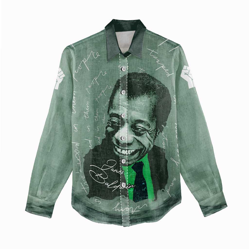 James Baldwin Women Casual Shirt Green Handwritten Script Design Smiling Portrait Civil Rights and Literature - Wonder Print Shop