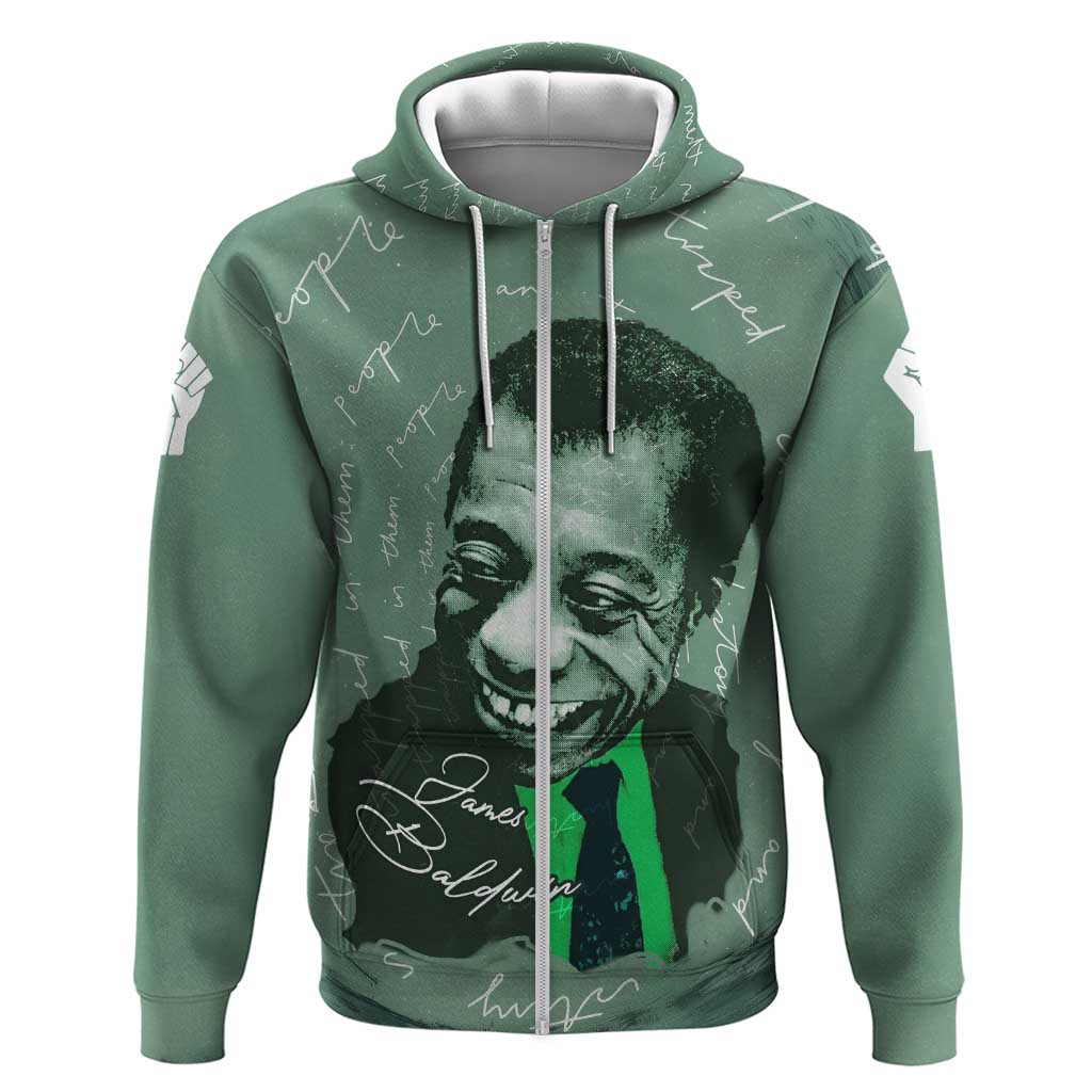 James Baldwin Zip Hoodie Green Handwritten Script Design Smiling Portrait Civil Rights and Literature - Wonder Print Shop
