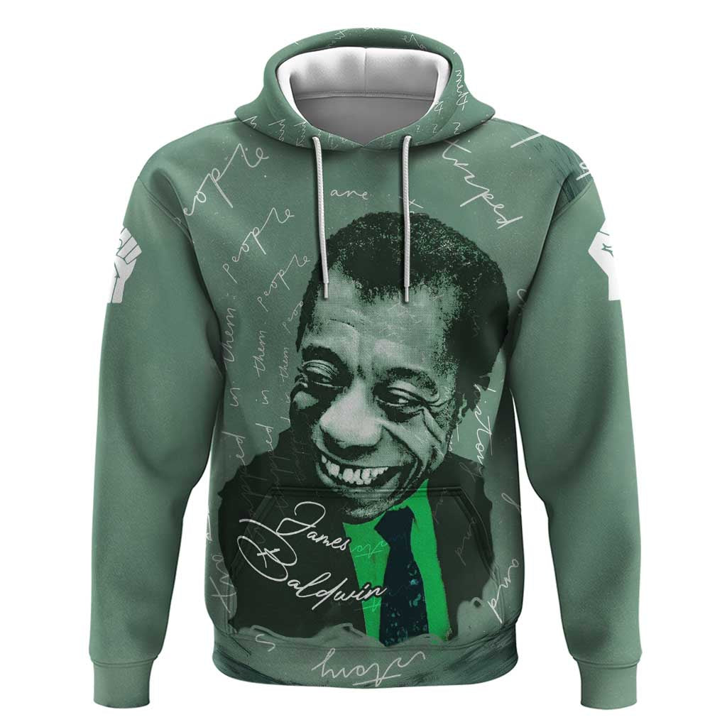 James Baldwin Zip Hoodie Green Handwritten Script Design Smiling Portrait Civil Rights and Literature - Wonder Print Shop