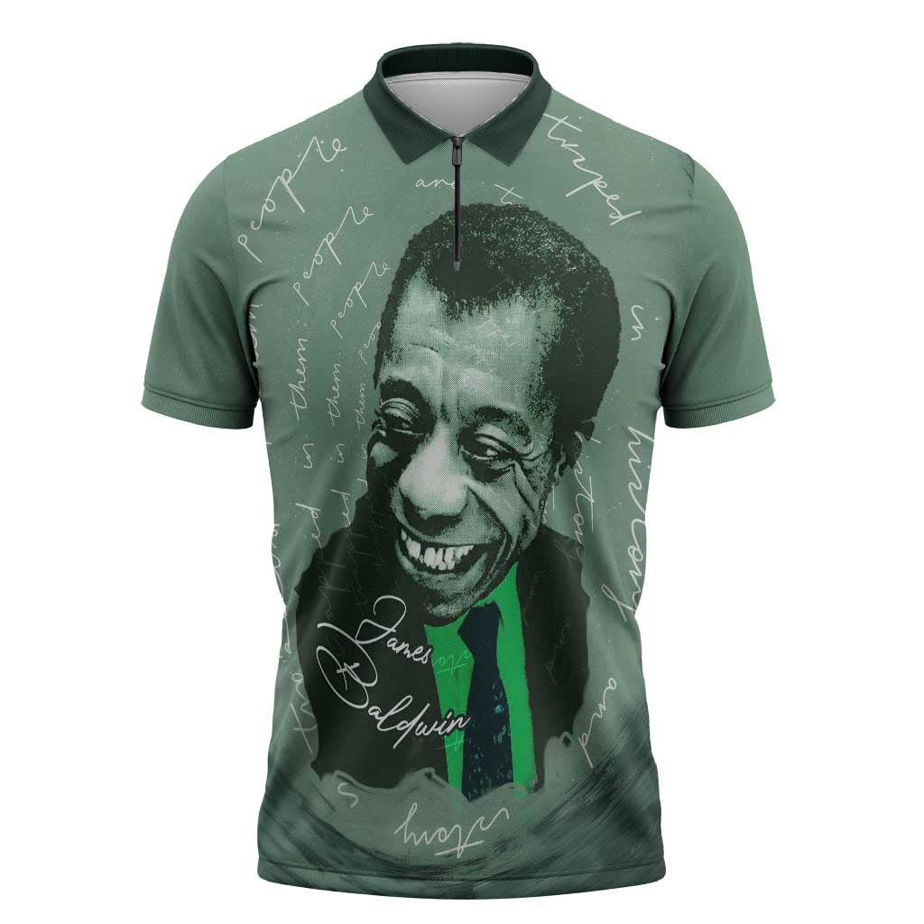 James Baldwin Zipper Polo Shirt Green Handwritten Script Design Smiling Portrait Civil Rights and Literature - Wonder Print Shop