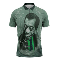 James Baldwin Zipper Polo Shirt Green Handwritten Script Design Smiling Portrait Civil Rights and Literature - Wonder Print Shop