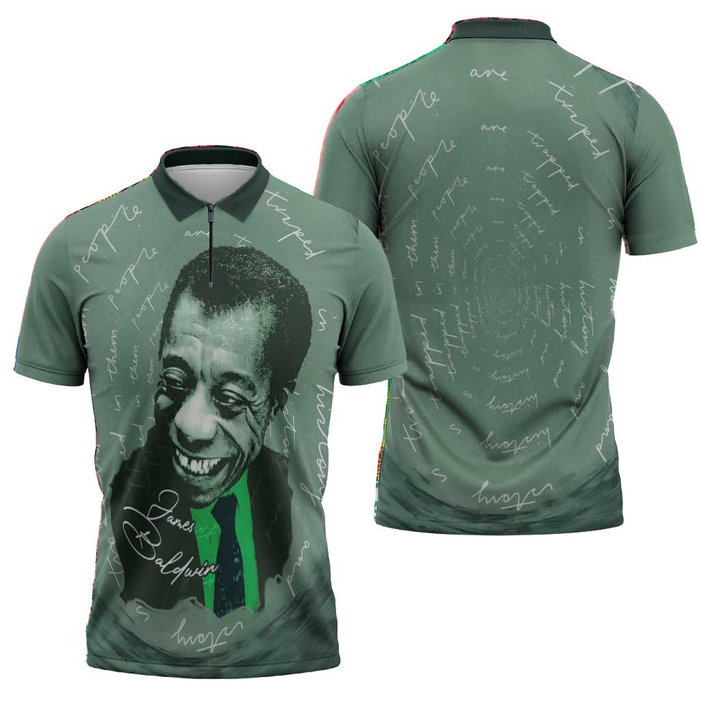James Baldwin Zipper Polo Shirt Green Handwritten Script Design Smiling Portrait Civil Rights and Literature - Wonder Print Shop