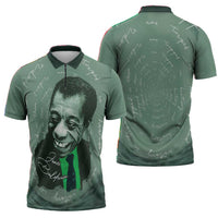 James Baldwin Zipper Polo Shirt Green Handwritten Script Design Smiling Portrait Civil Rights and Literature - Wonder Print Shop