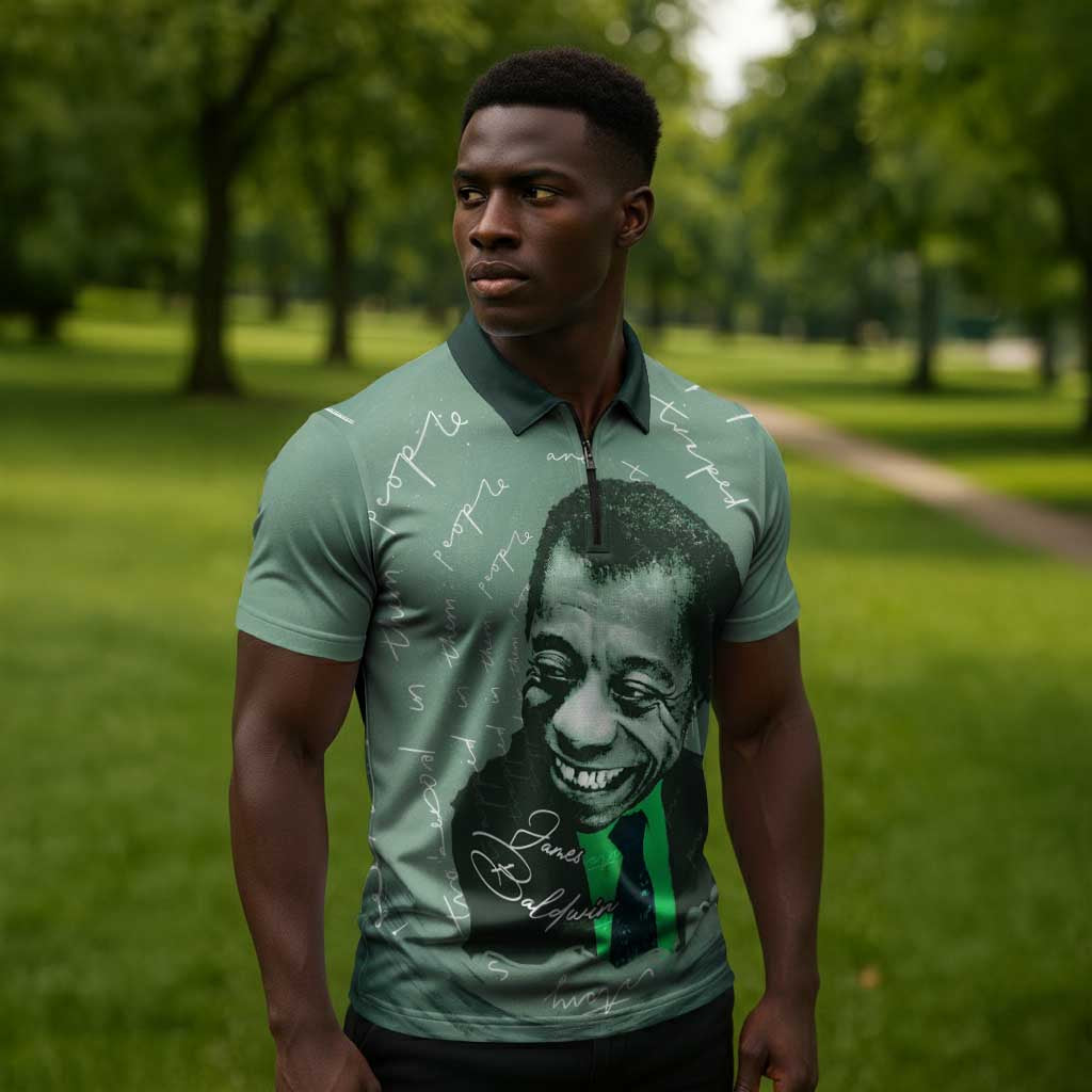 James Baldwin Zipper Polo Shirt Green Handwritten Script Design Smiling Portrait Civil Rights and Literature - Wonder Print Shop