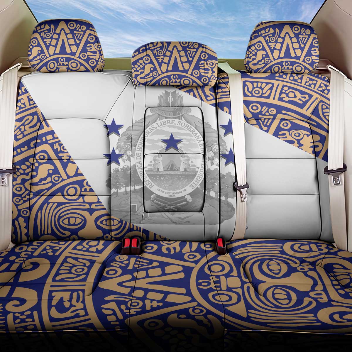 Honduras Back Car Seat Cover National Emblem Blended with Traditional Patterns - Cultural Heritage Design