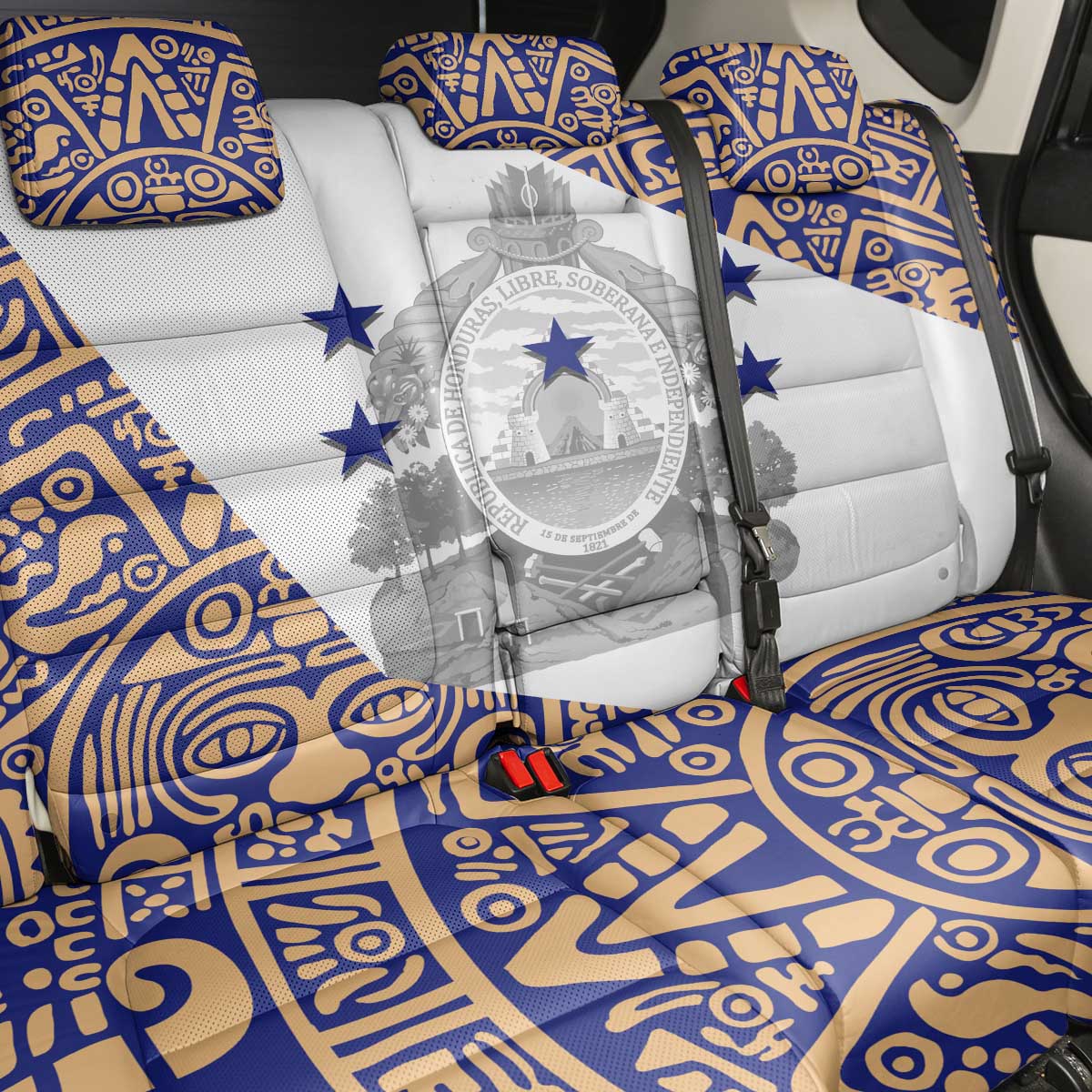 Honduras Back Car Seat Cover National Emblem Blended with Traditional Patterns - Cultural Heritage Design