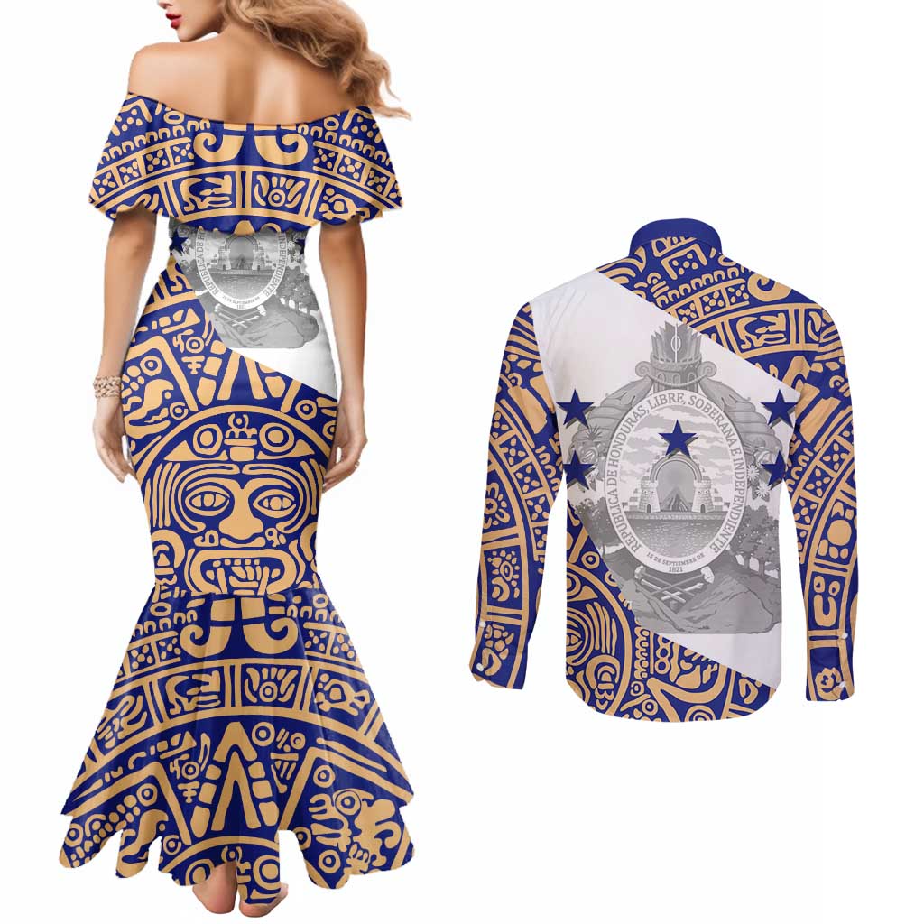 Honduras Couples Matching Mermaid Dress and Long Sleeve Button Shirt National Emblem Blended with Traditional Patterns - Cultural Heritage Design