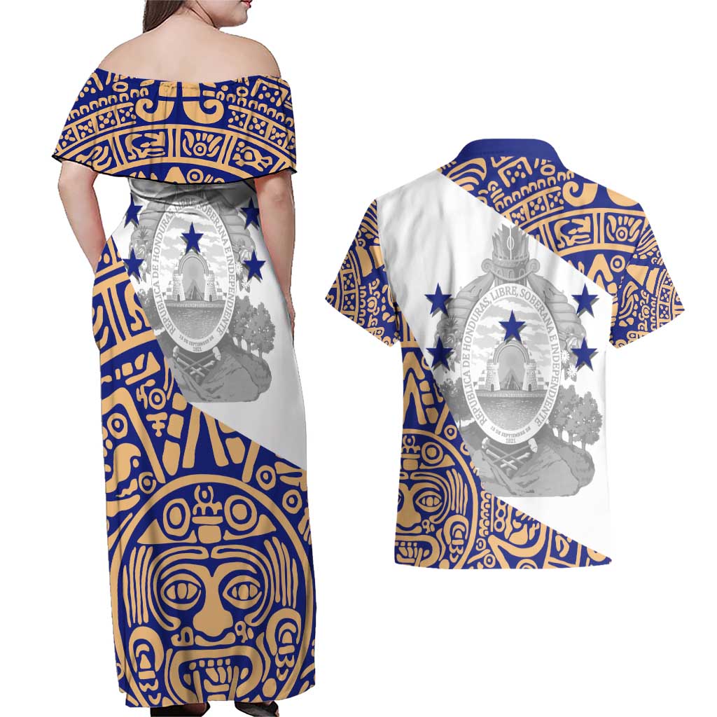 Honduras Couples Matching Off Shoulder Maxi Dress and Hawaiian Shirt National Emblem Blended with Traditional Patterns - Cultural Heritage Design