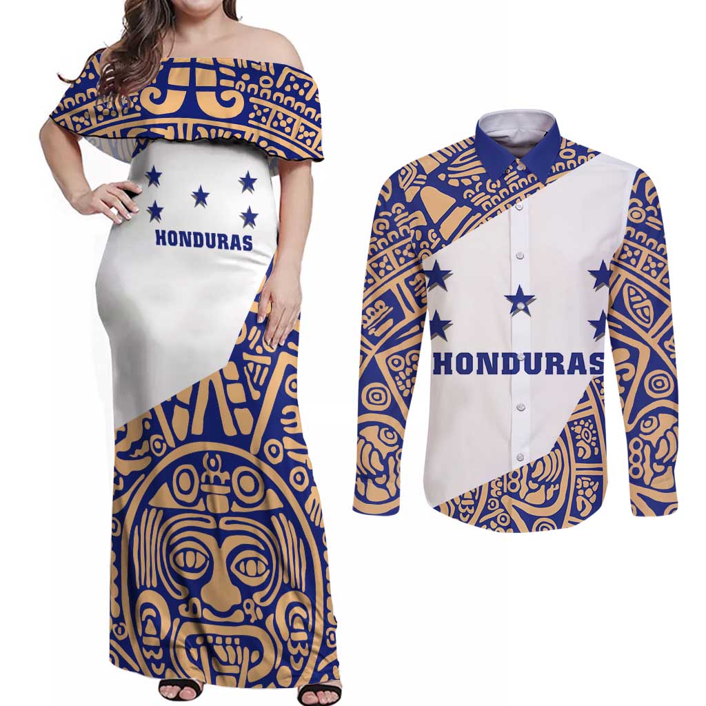 Honduras Couples Matching Off Shoulder Maxi Dress and Long Sleeve Button Shirt National Emblem Blended with Traditional Patterns - Cultural Heritage Design