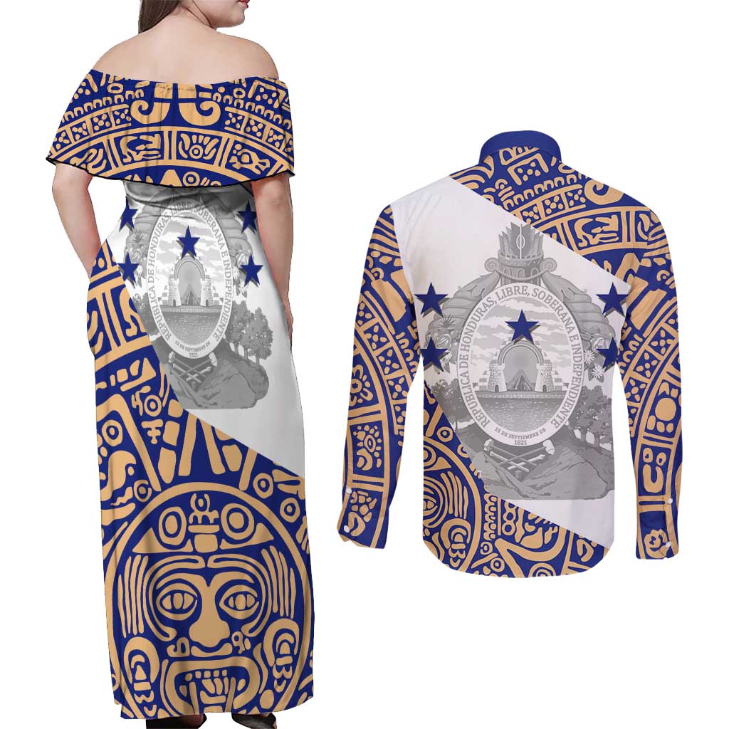 Honduras Couples Matching Off Shoulder Maxi Dress and Long Sleeve Button Shirt National Emblem Blended with Traditional Patterns - Cultural Heritage Design