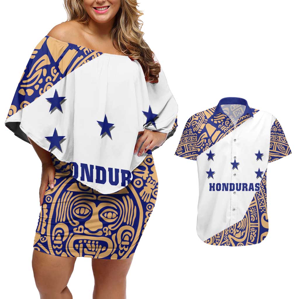 Honduras Couples Matching Off Shoulder Short Dress and Hawaiian Shirt National Emblem Blended with Traditional Patterns - Cultural Heritage Design
