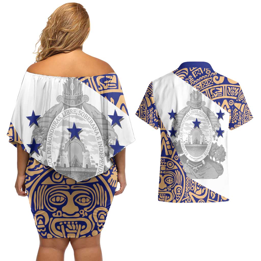 Honduras Couples Matching Off Shoulder Short Dress and Hawaiian Shirt National Emblem Blended with Traditional Patterns - Cultural Heritage Design