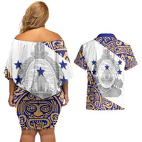 Honduras Couples Matching Off Shoulder Short Dress and Hawaiian Shirt National Emblem Blended with Traditional Patterns - Cultural Heritage Design