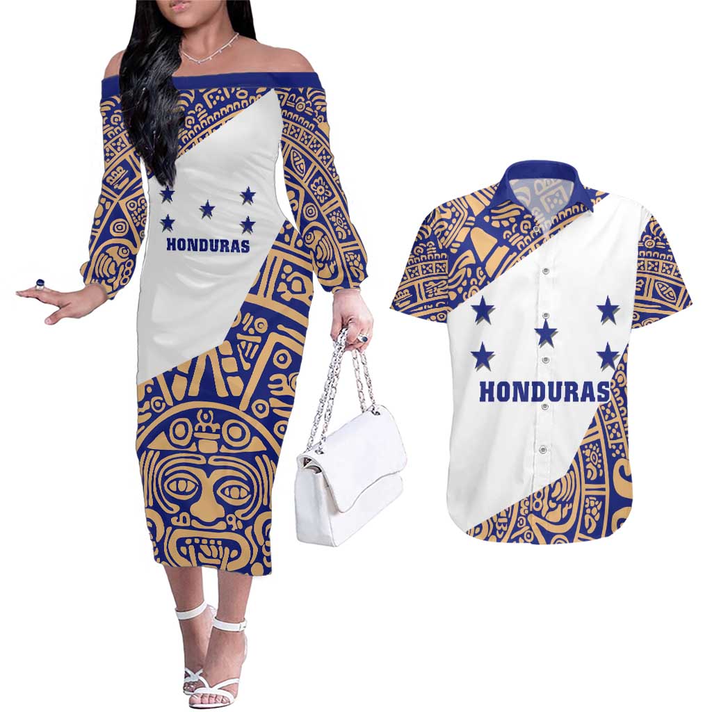 Honduras Couples Matching Off The Shoulder Long Sleeve Dress and Hawaiian Shirt National Emblem Blended with Traditional Patterns - Cultural Heritage Design