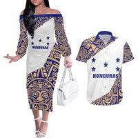 Honduras Couples Matching Off The Shoulder Long Sleeve Dress and Hawaiian Shirt National Emblem Blended with Traditional Patterns - Cultural Heritage Design